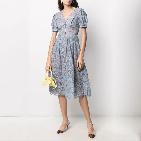 chinese dress ladies Blue Fine Lace Midi Dress – self-portrait